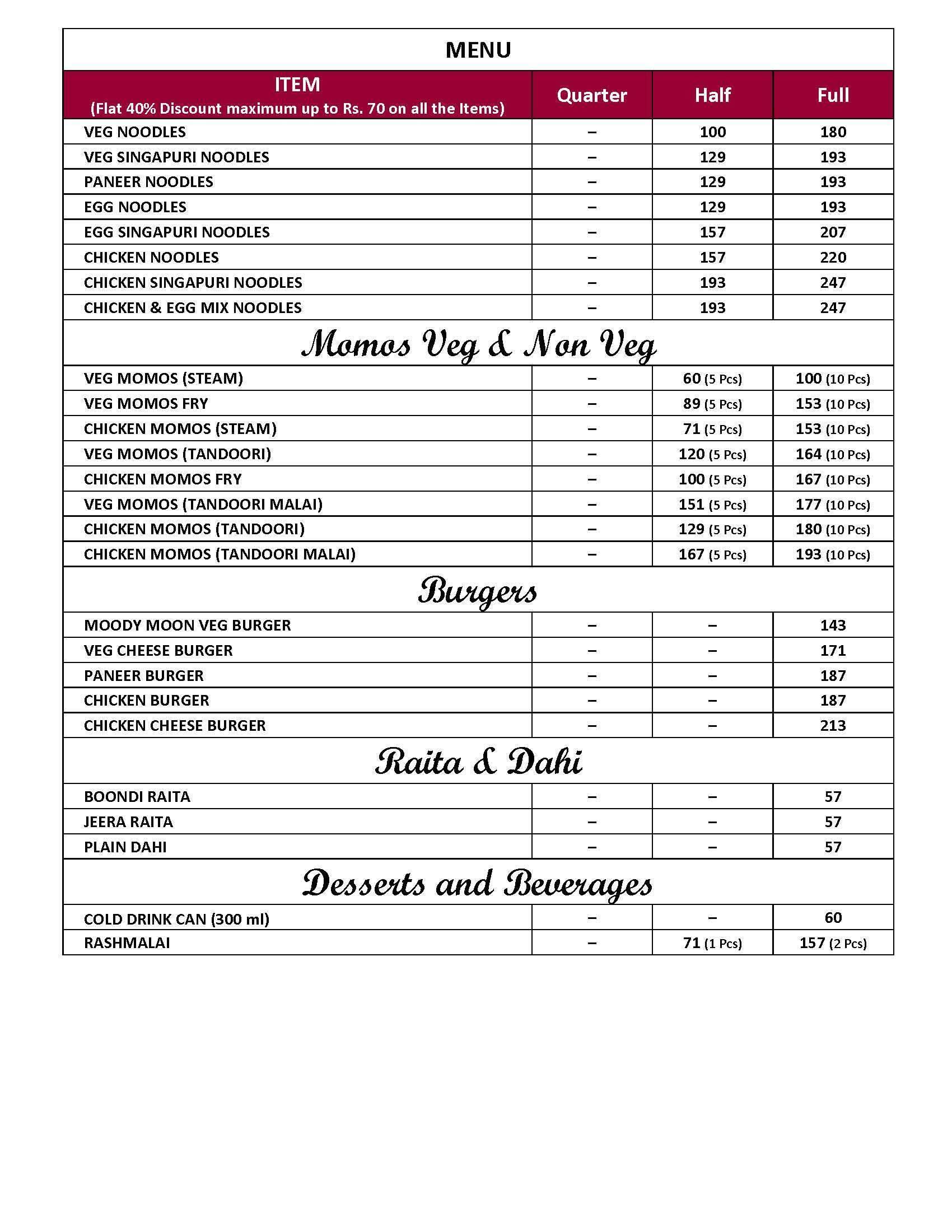 Moody moon restaurant and hotal menu