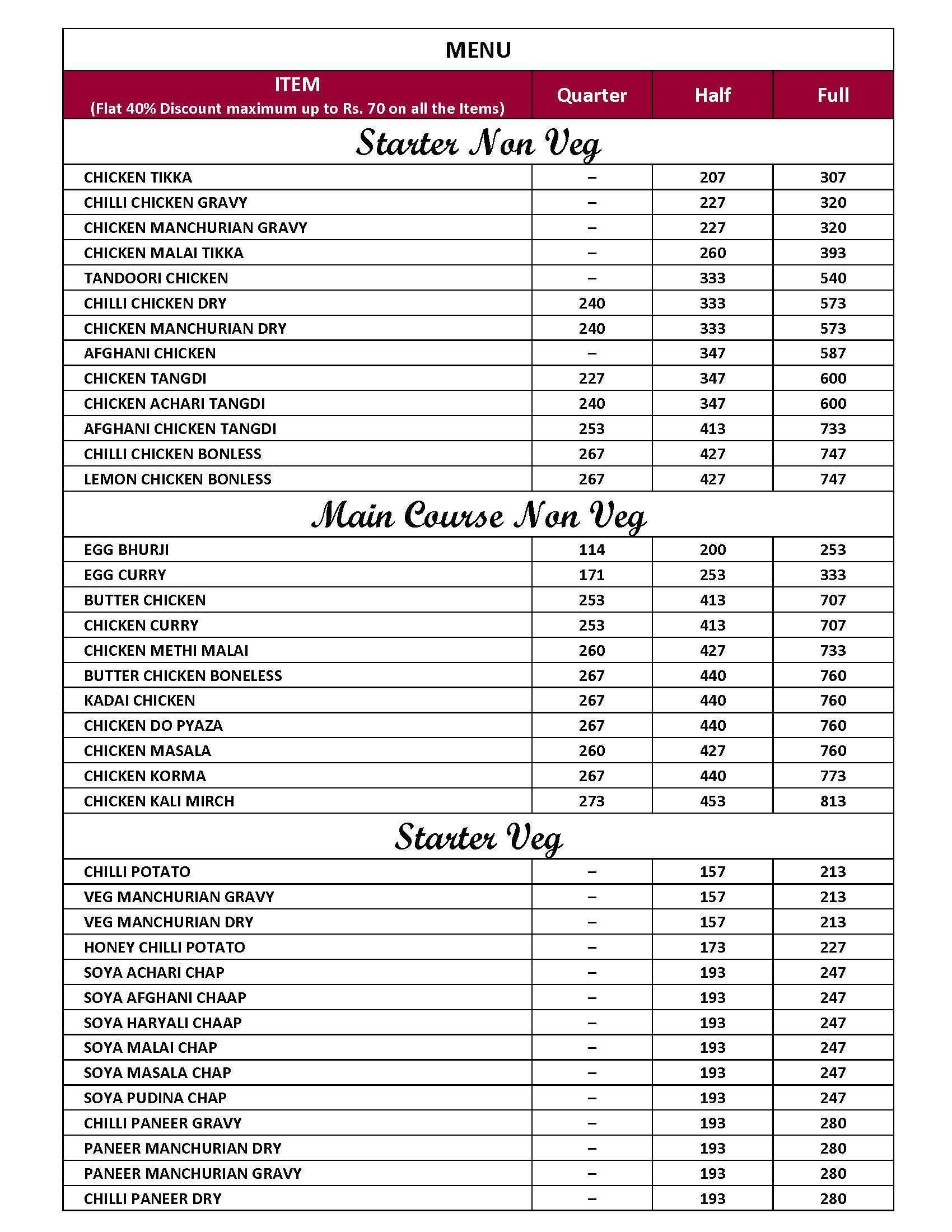 Moody moon restaurant and hotal menu