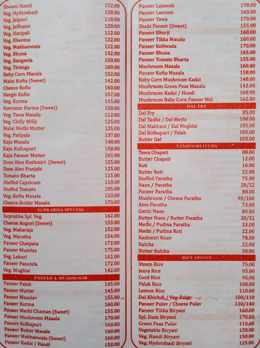 Hotel Suprabha menu