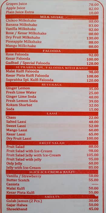 Hotel Suprabha menu