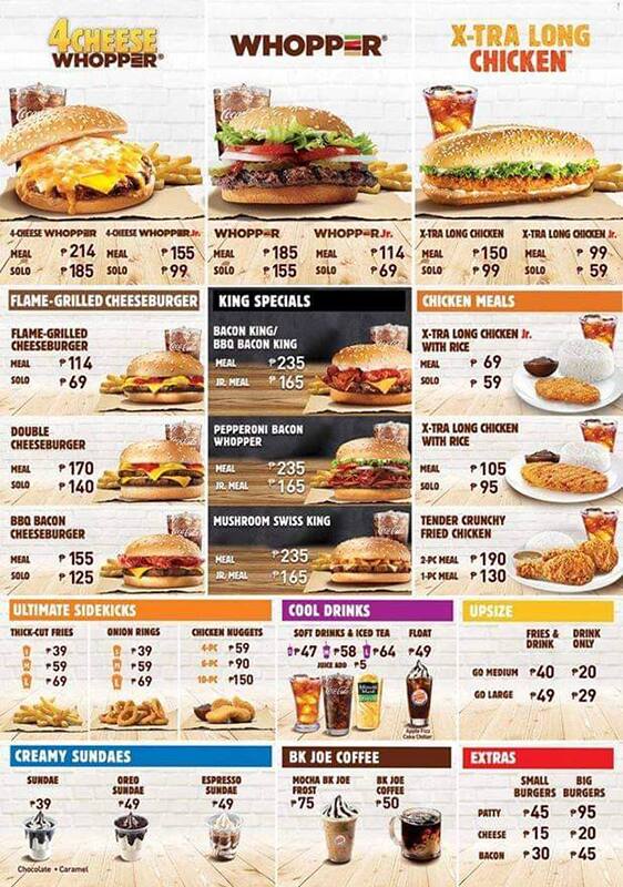 Burger King Menu Menu For Burger King Legaspi Village Makati City