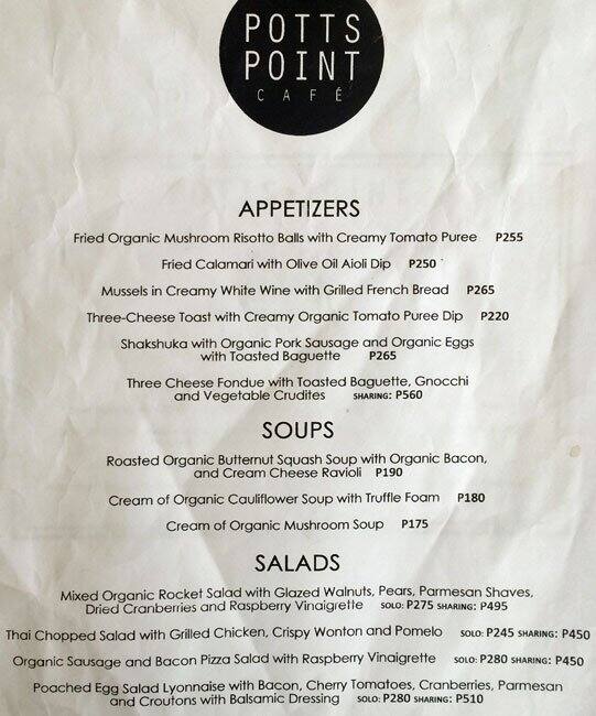 Menu at Potts Point cafe, Pasay