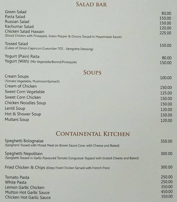 Menu at Karnot Mahal, Jaipur