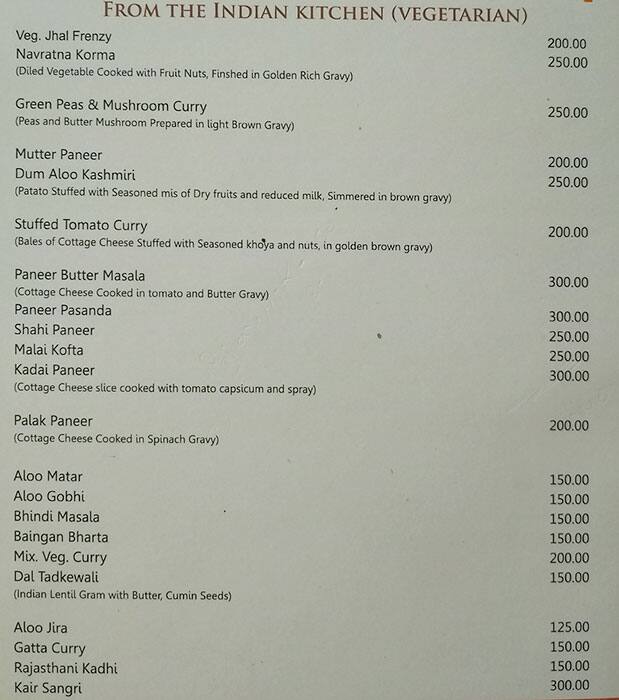 Menu at Karnot Mahal, Jaipur