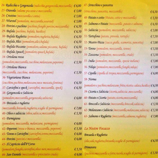 Menu di Pizzeria Quelli Dell'8 Corso 