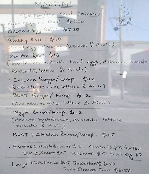 Menu at Cafe Martini, Newtown
