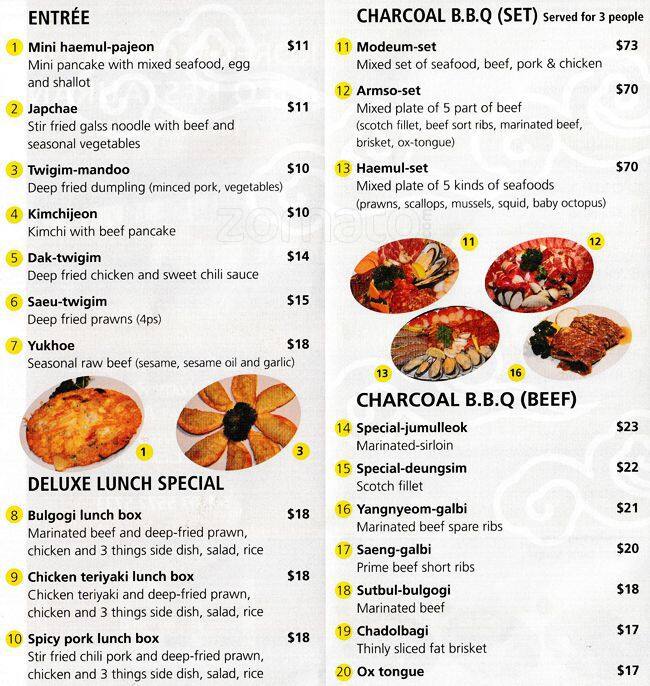 Korean Charcoal BBQ Restaurant Menu Urbanspoon/Zomato