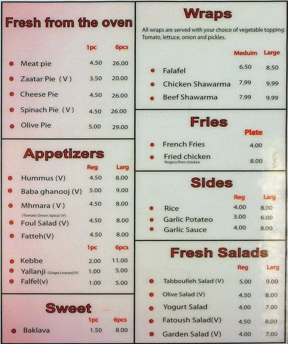 Menu de Addy's Middle Eastern Cuisine