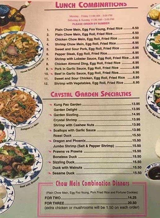Menu at Crystal Garden restaurant, Minneapolis
