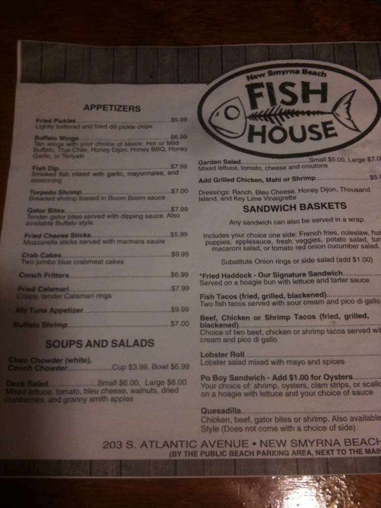 NSB Fish House Menu, Menu for NSB Fish House, New Smyrna Beach, Daytona