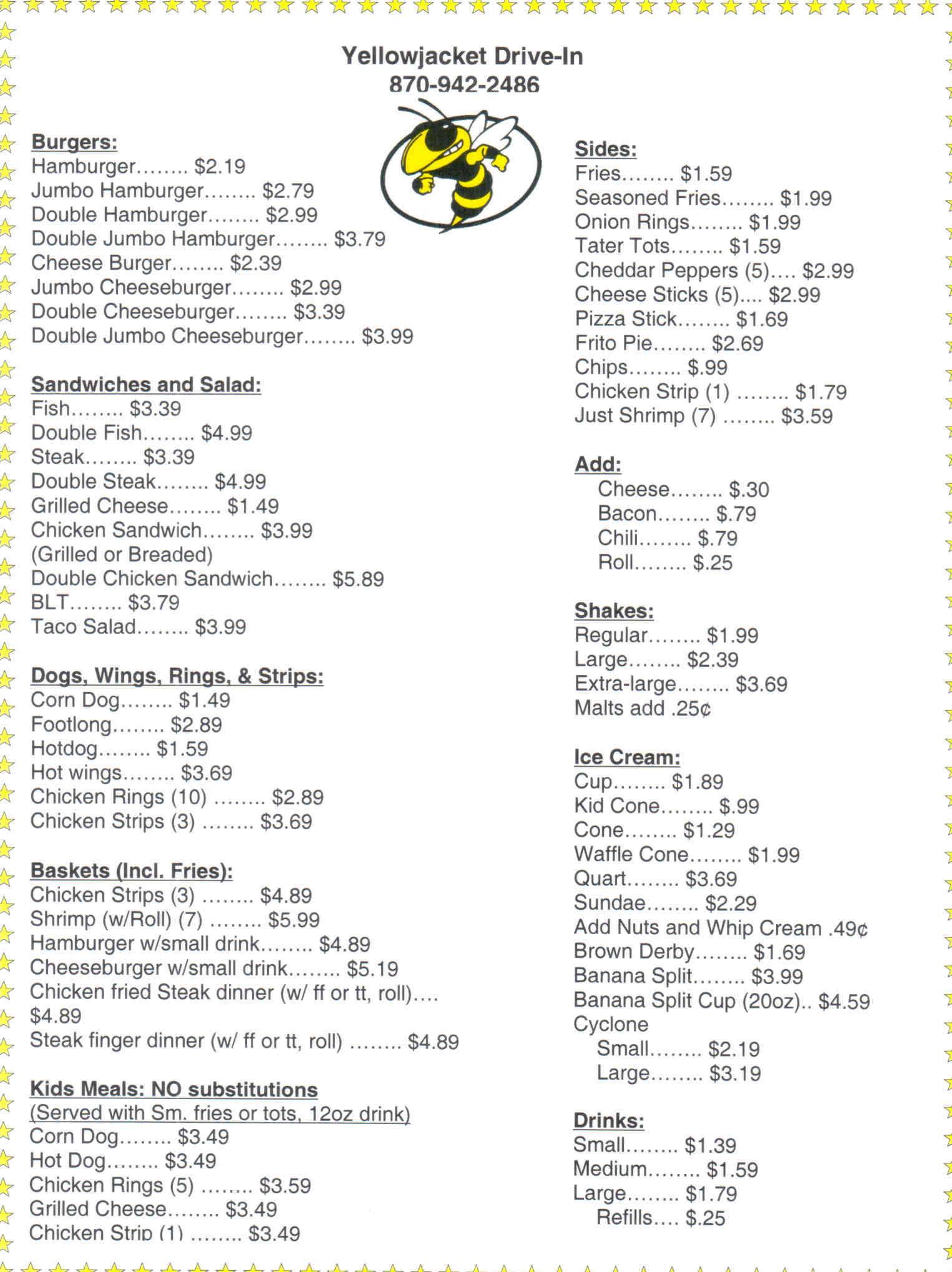 Yellowjacket Drive In Menu Menu For Yellowjacket Drive In Sheridan Little Rock