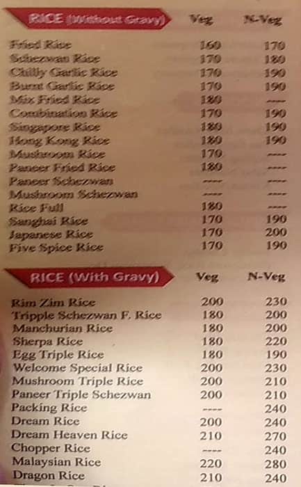 Welcome Family Restaurant menu