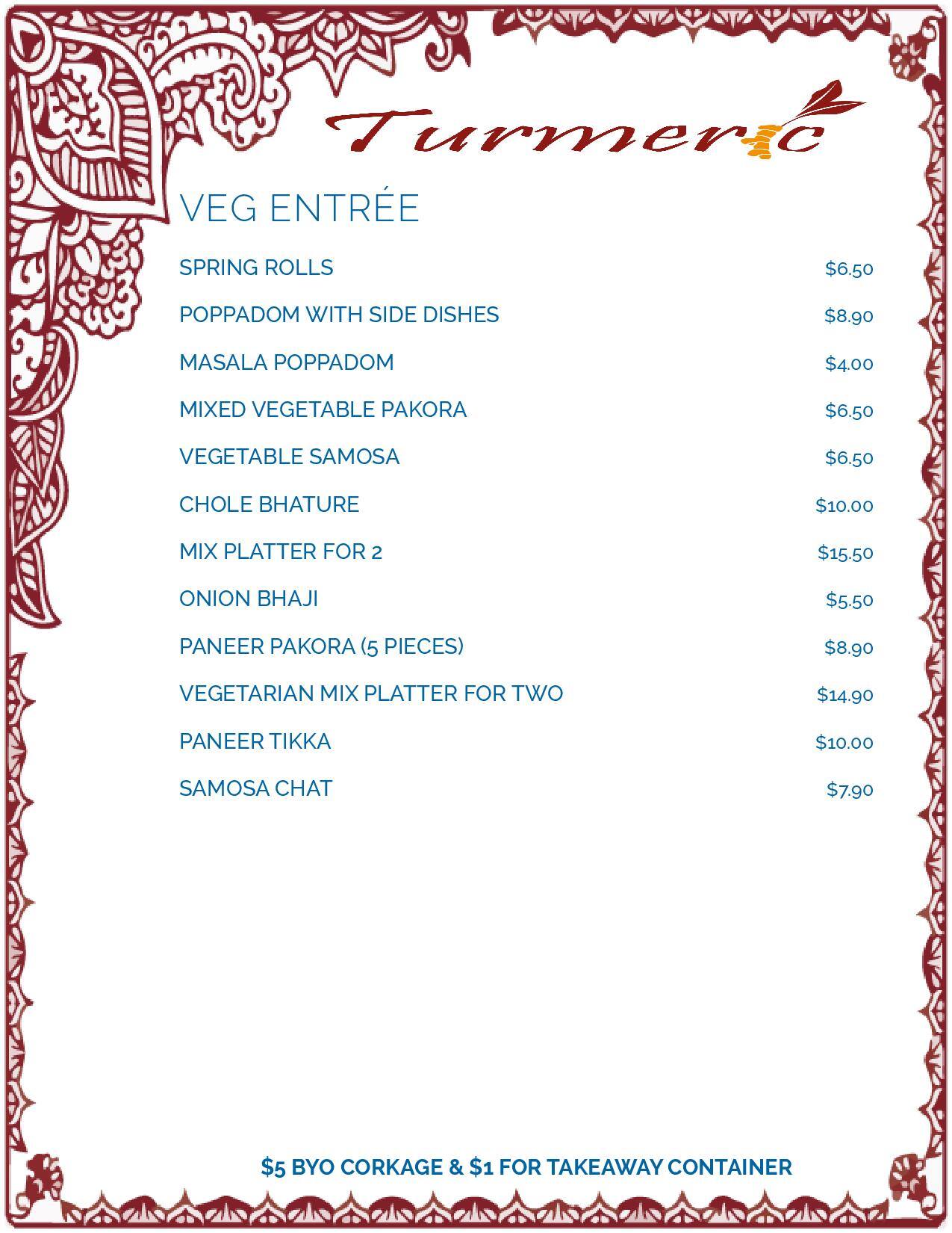Menu at Turmeric Indian Restaurant, Wellington