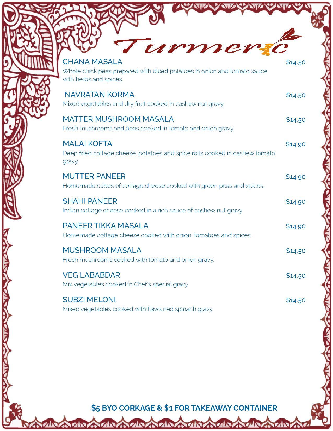 Menu at Turmeric Indian Restaurant, Wellington