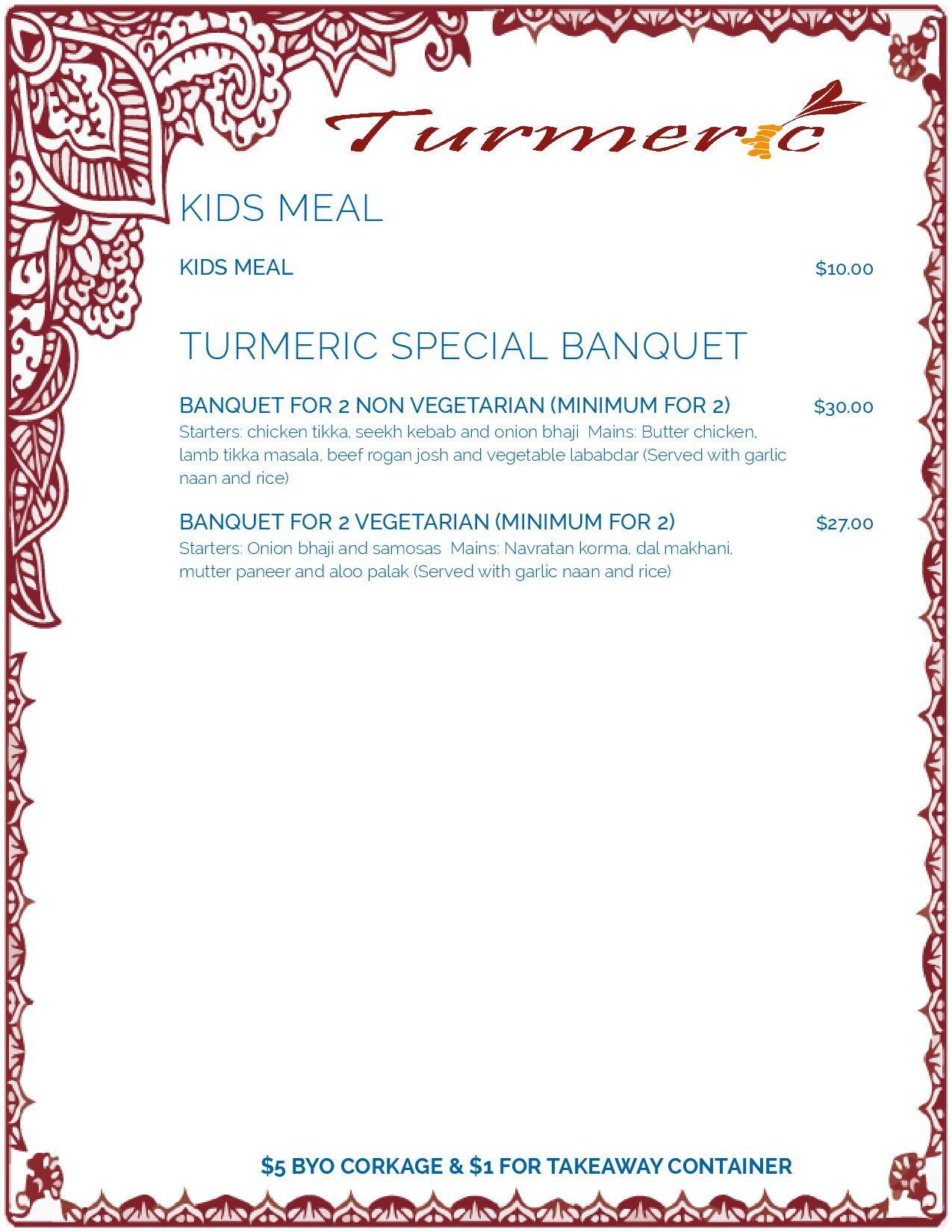 Menu at Turmeric Indian Restaurant, Wellington