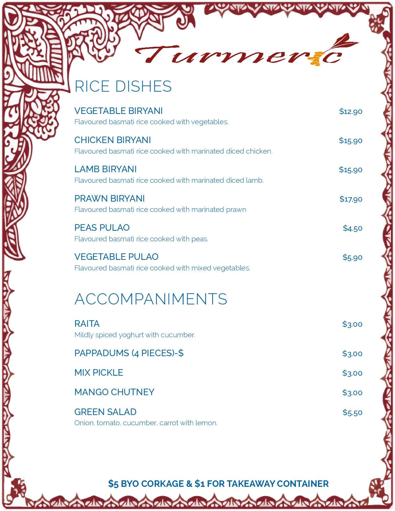 Menu at Turmeric Indian Restaurant, Wellington