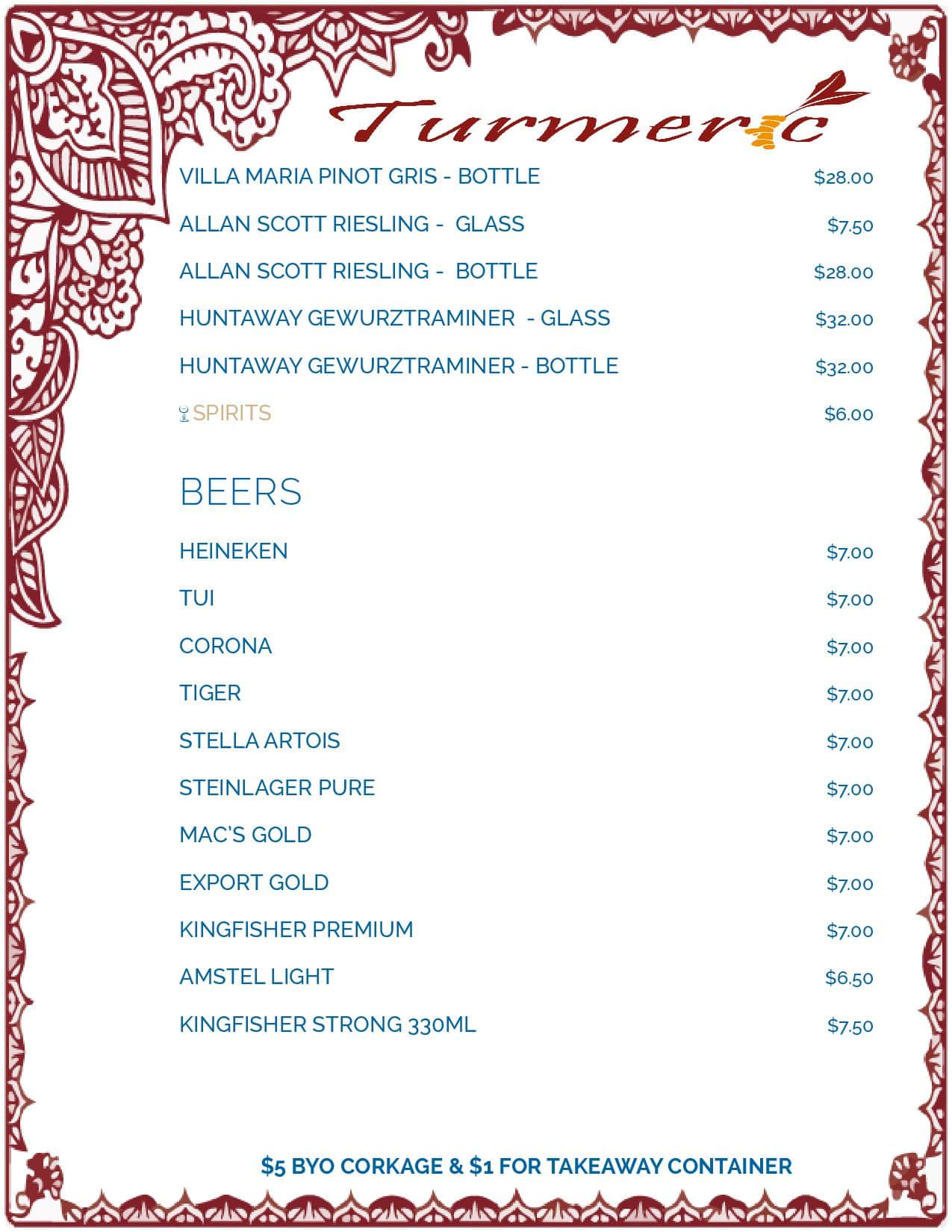 Menu at Turmeric Indian Restaurant, Wellington