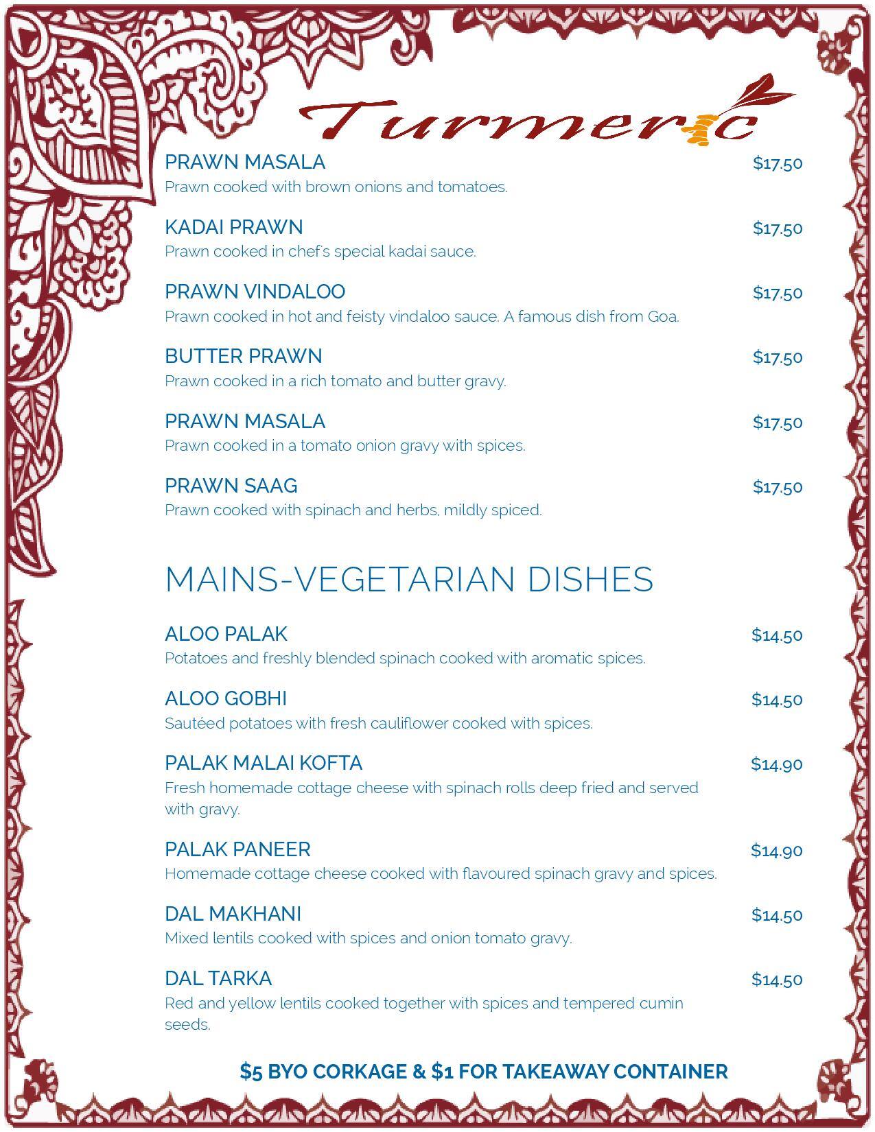 Menu at Turmeric Indian Restaurant, Wellington