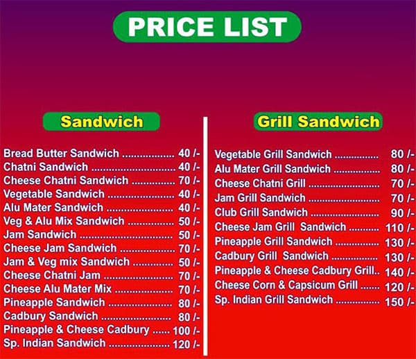 sandwich menu list