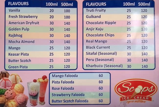 Scoops ice deals cream price list