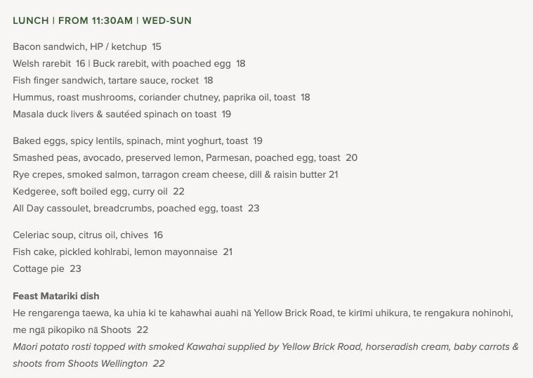 Menu at Field & Green restaurant, Wellington