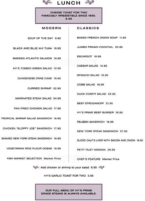 Hy's Steakhouse & Cocktail Bar Menu Urbanspoon/Zomato