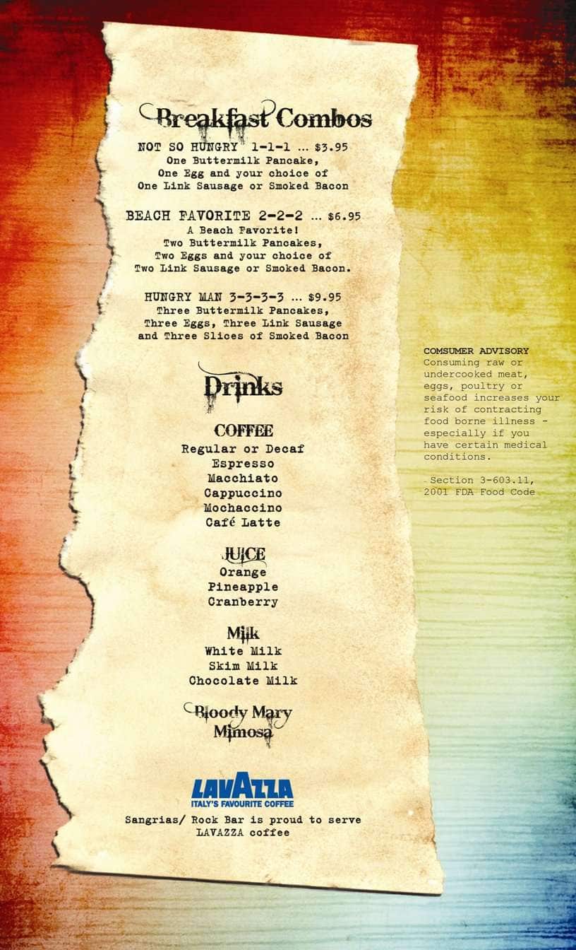 Menu at Rock Bar, Fort Lauderdale, 219 S Fort Lauderdale Beach Blvd