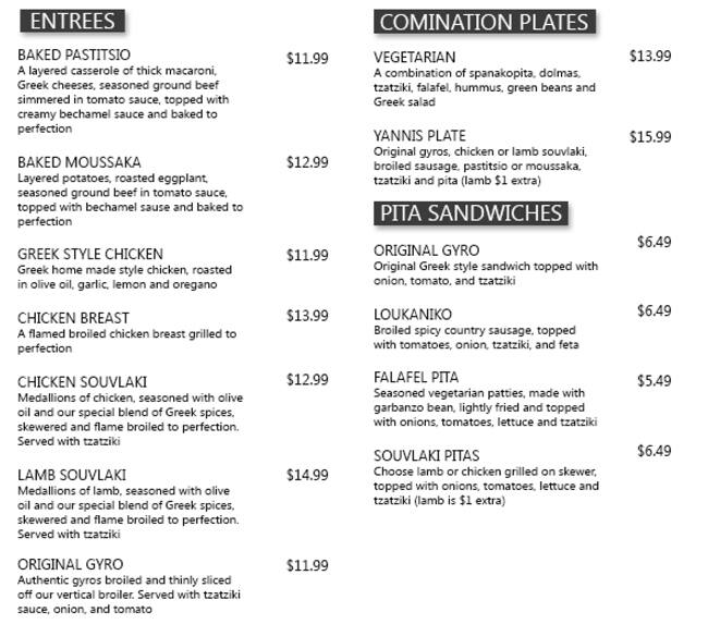 Menu at Yanni's Greek Cafe, Murphy