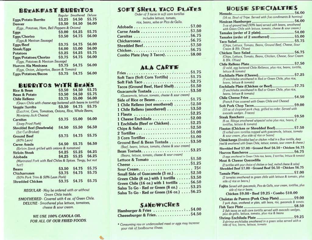 Menu at Señor Burritos restaurant, Denver, 12 E 1st Ave