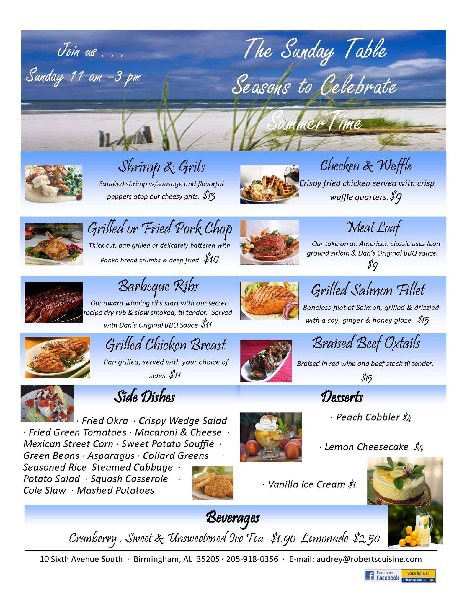 Roberts Cuisine Menu, Menu untuk Roberts Cuisine, Southside, Birmingham