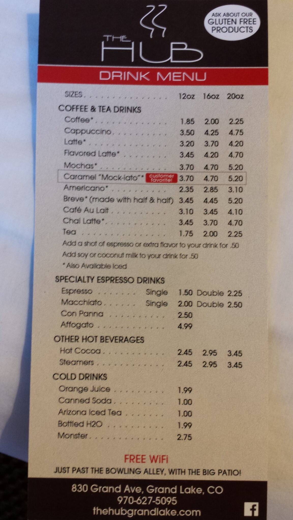 Menu at The Hub Grand Lake cafe, Grand Lake