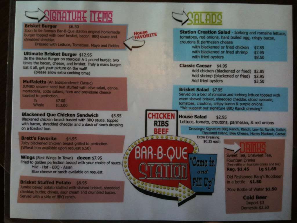 Menu at BarBQue Station 1 Independence, Independence