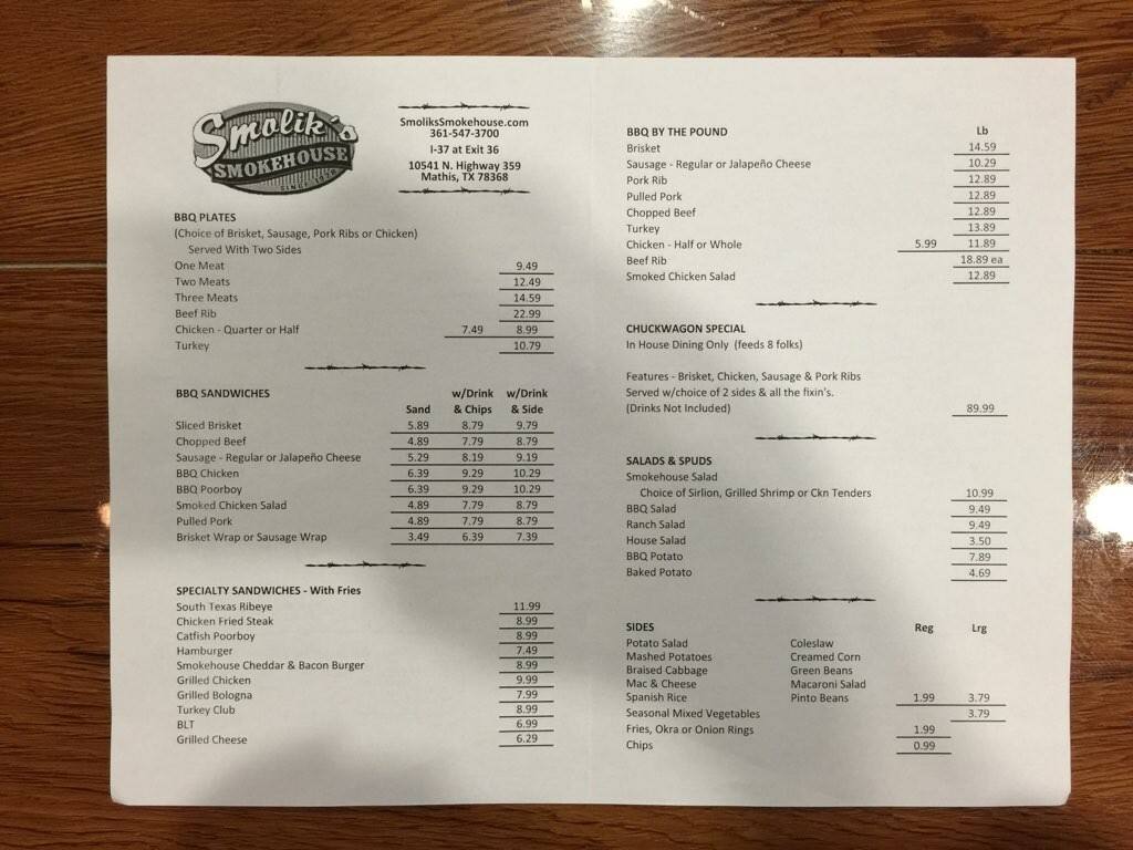Carta de Smolik's Smokehouse