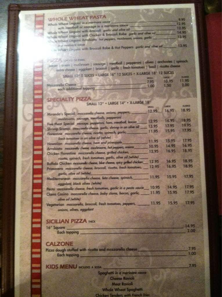Menu at Miranda's Pizza & Restaurant, Southbury