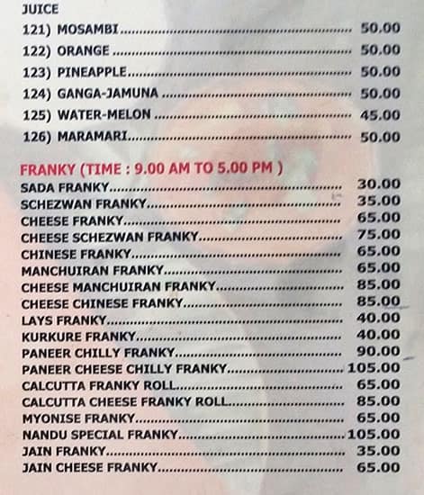 Nandu Dosa Dinner menu