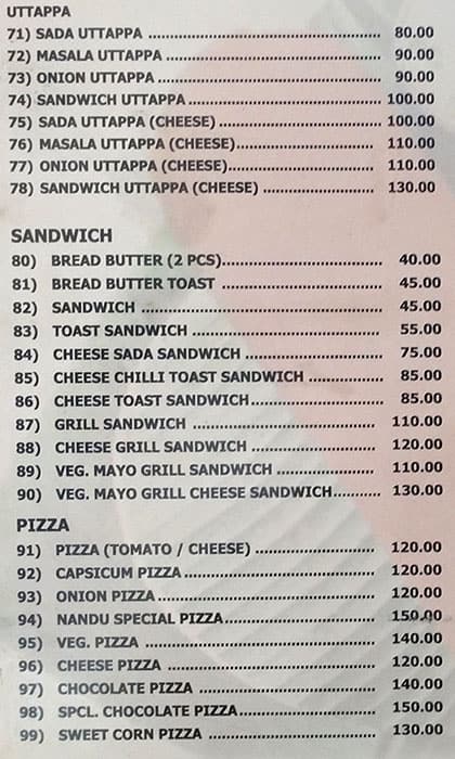 Nandu Dosa Dinner menu