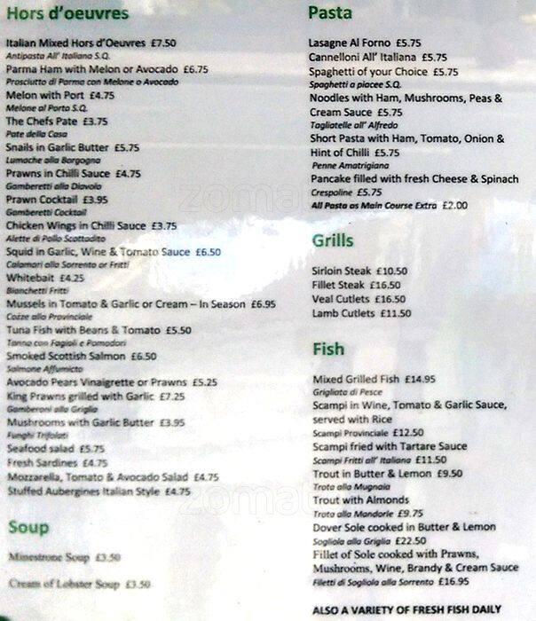 Ristorante Sorrento Menu, Menu v reštaurácii Ristorante Sorrento