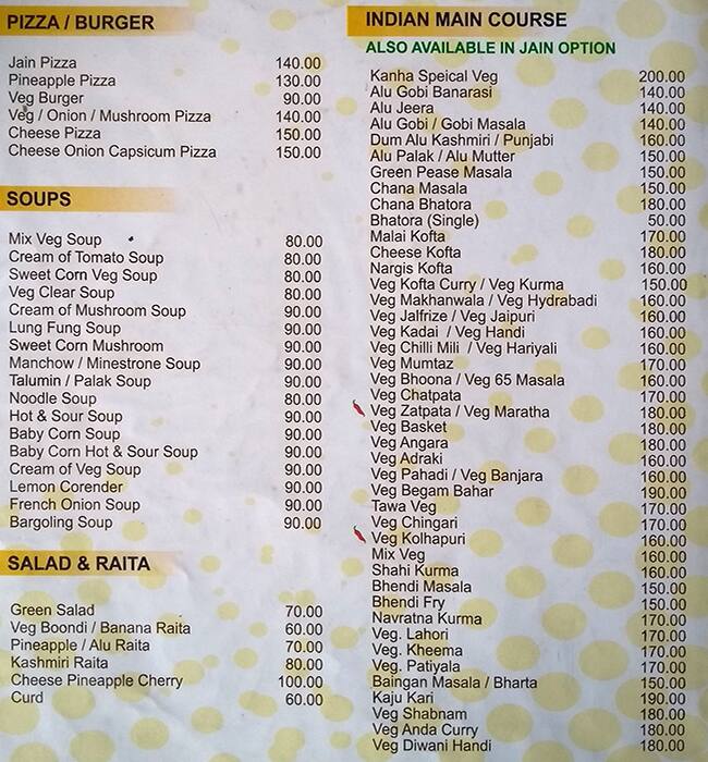 Kanha Veg menu