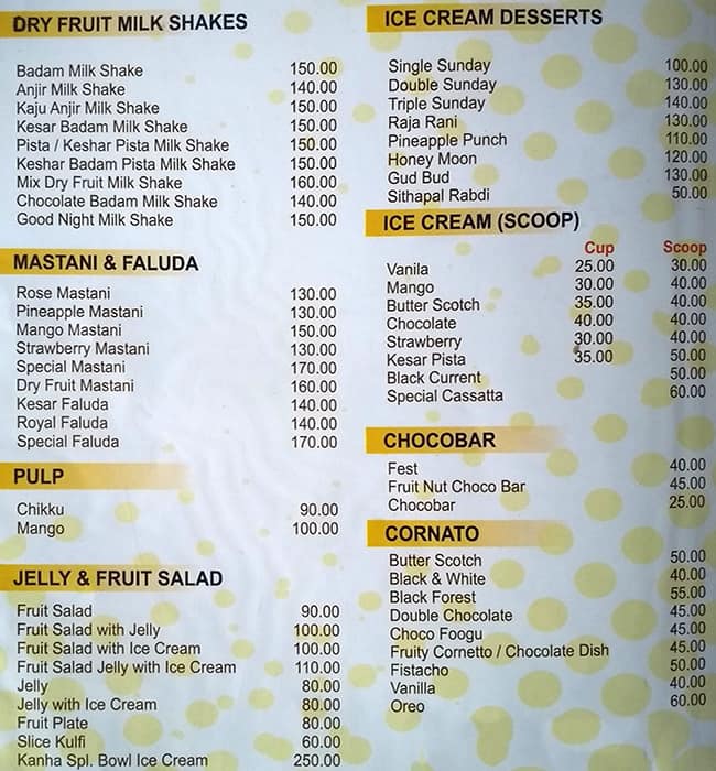Kanha Veg menu