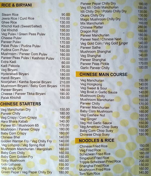 Kanha Veg menu
