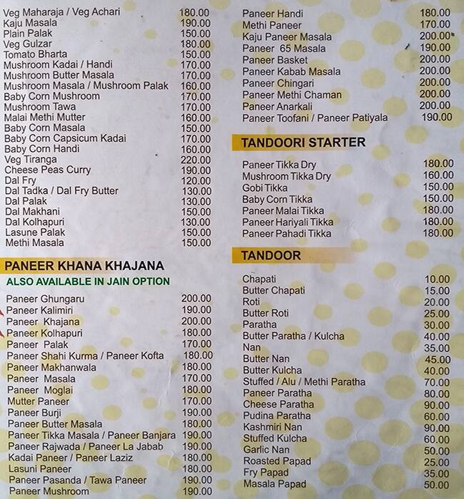 Kanha Veg menu