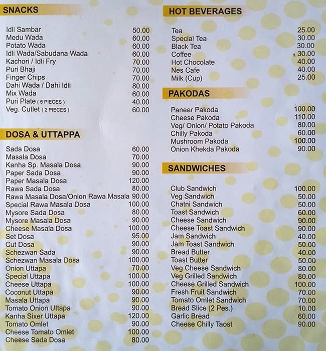 Kanha Veg menu