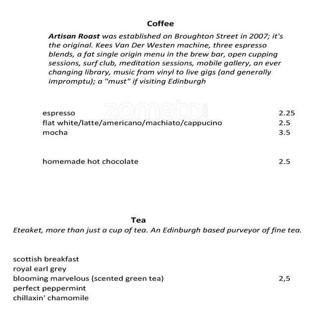 Menu at The Edinburgh Larder cafe, Edinburgh