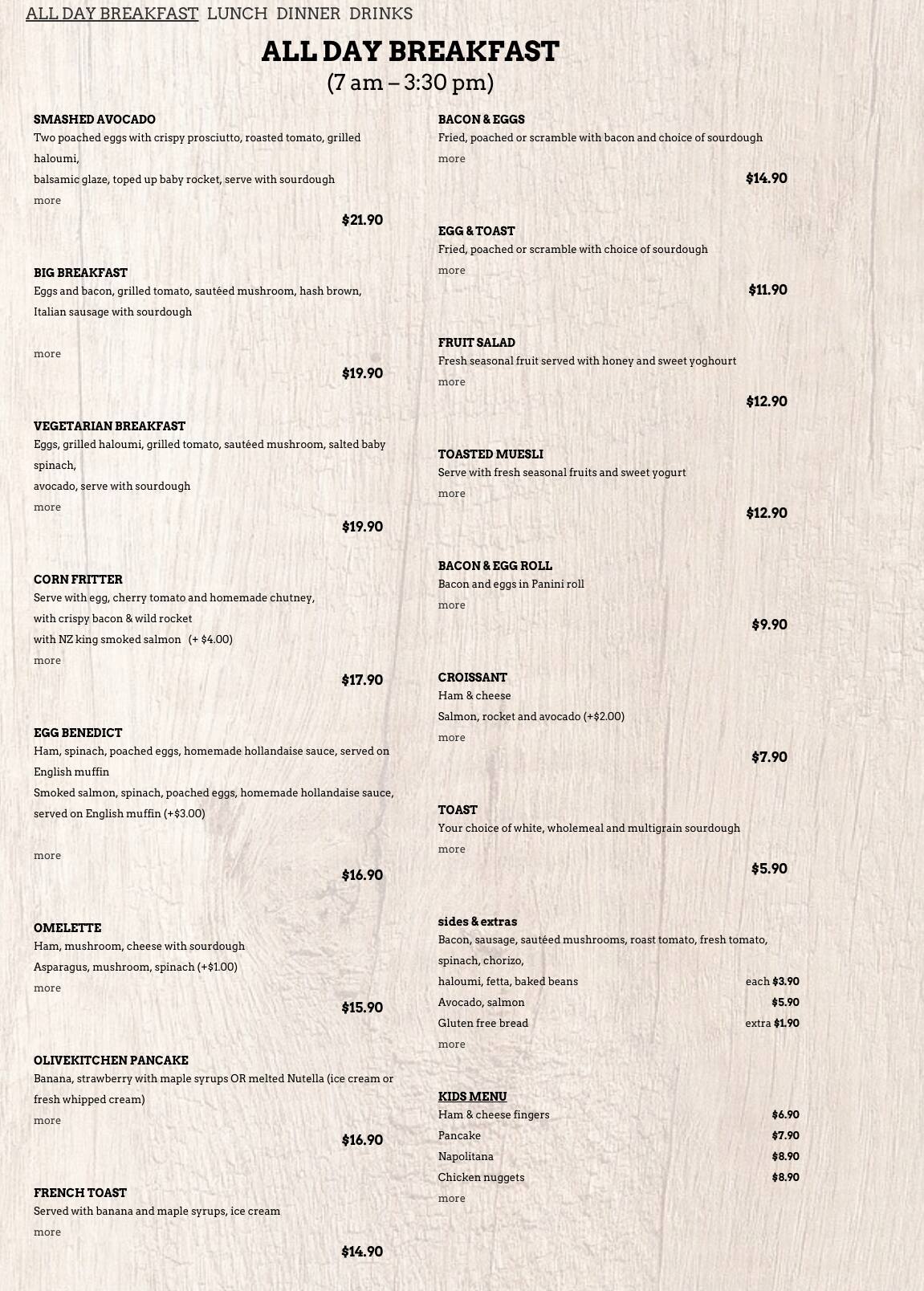 Menu at Olive Kitchen Cafe Breakfast Point, Breakfast Point, shop 5/20