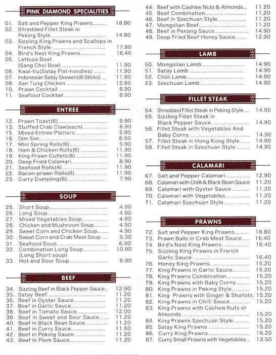 Pink Diamond Restaurant Menu, Menu for Pink Diamond Restaurant, Campbelltown, Sydney