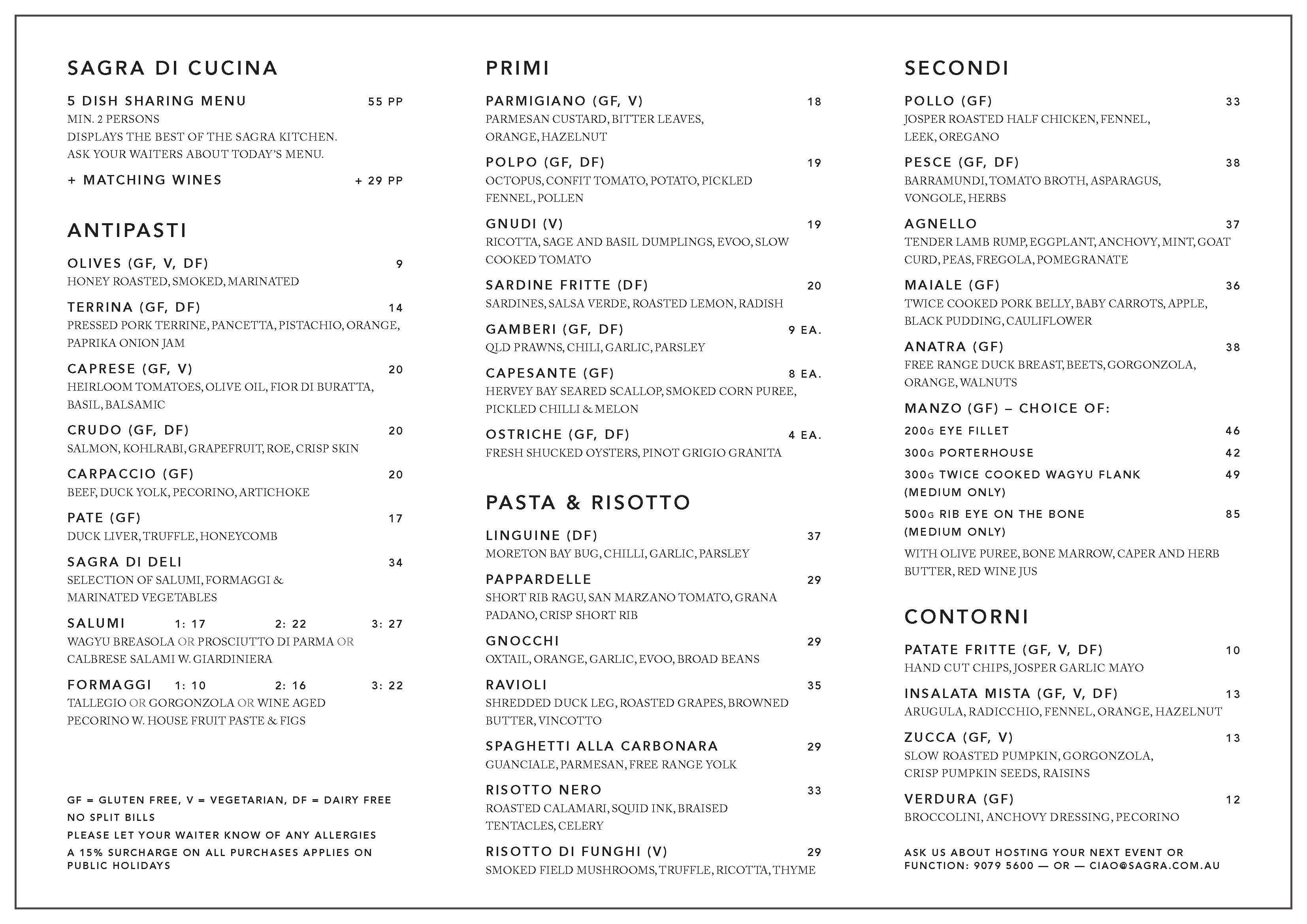 Sagra Menu, Menu for Sagra, Malvern, Melbourne Urbanspoon/Zomato