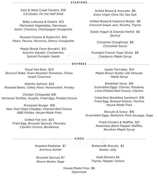 Menu at Riverpark restaurant, New York City