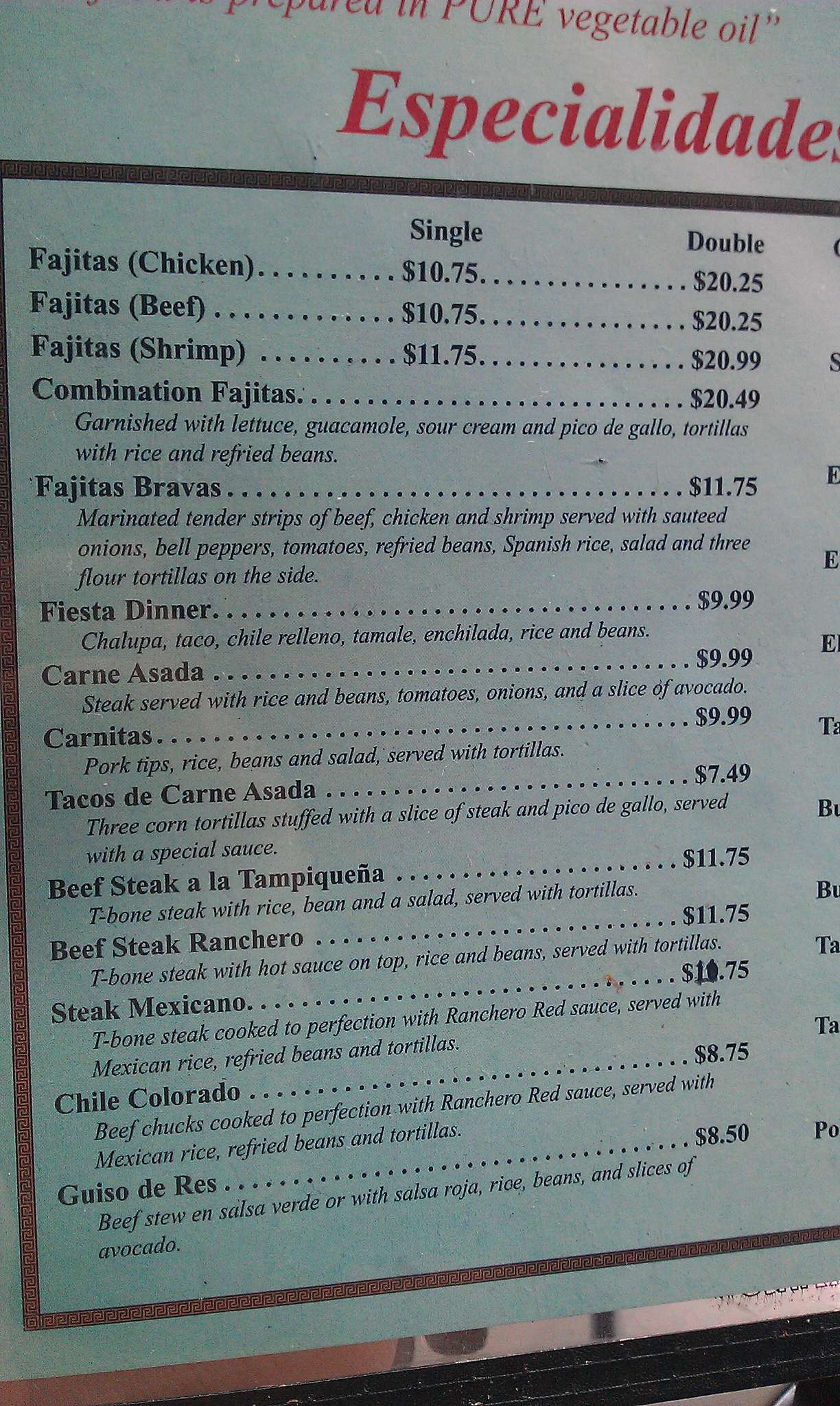 Menu at El Tapatio Mexican Restaurant, Lake Charles