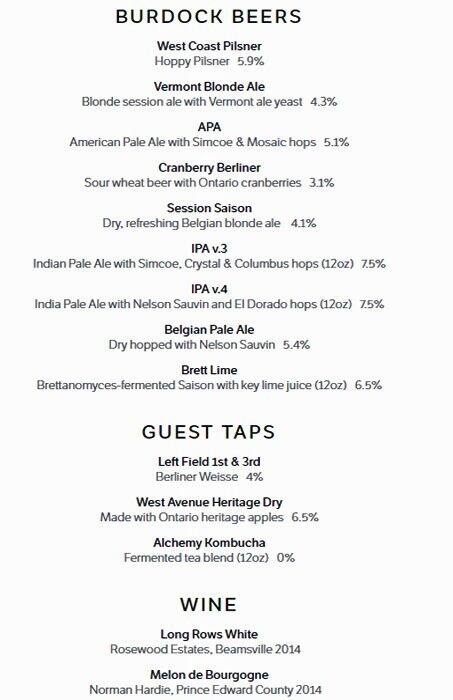 Burdock Brewery & Music Hall menu