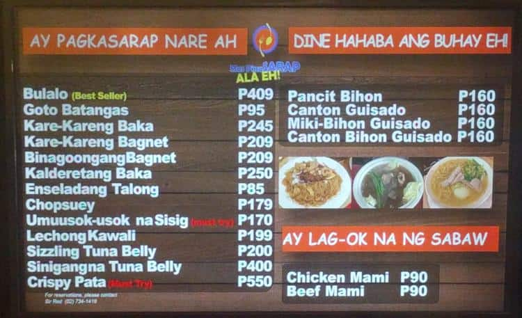 Menu At Mas Pinasarap Ala-eh Bulalo Restaurant, Quezon City